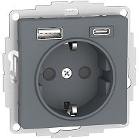 Розетка с заземлением +2xUSB тип A+C без рамки Systeme Electric AtlasDesign 1-м. грифель картинка
